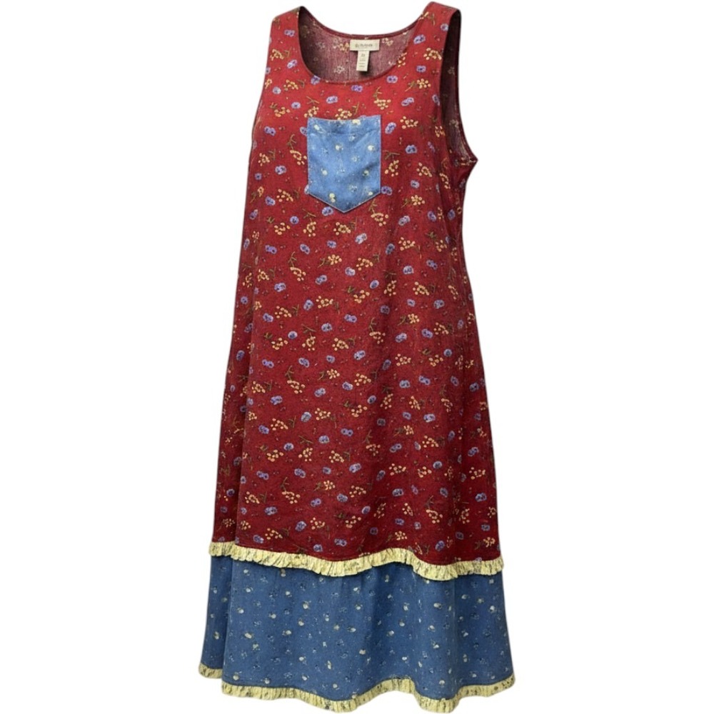 Cottagecore Prairie Maxi Dress M Red Blue Floral Modest Farmhouse Summer Travel